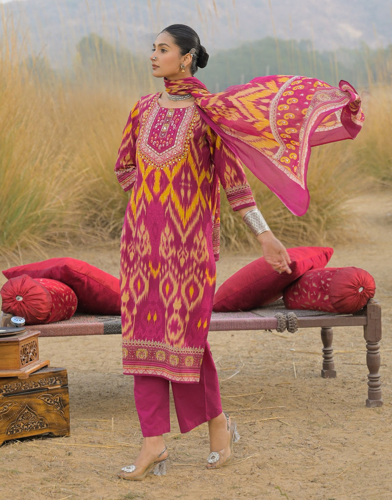 Women's Pink Ikat Printed Cotton Straight Kurta Pant Dupatta Set
