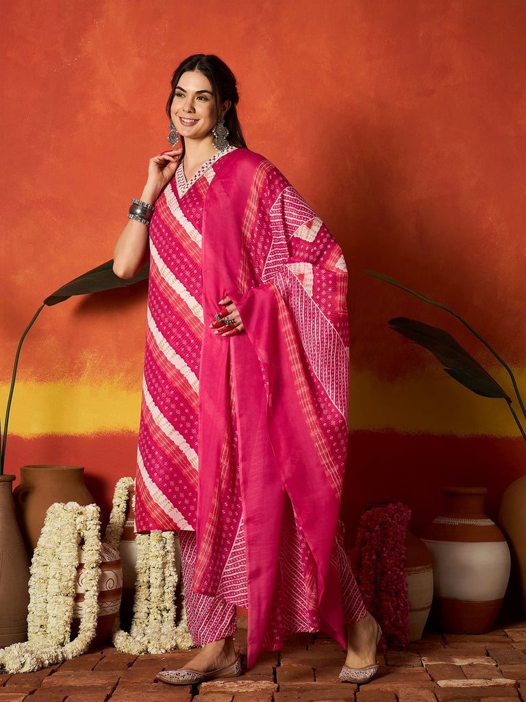 Women's Pink Leheriya Printed Cotton Straight Kurta Pant Dupatta Set