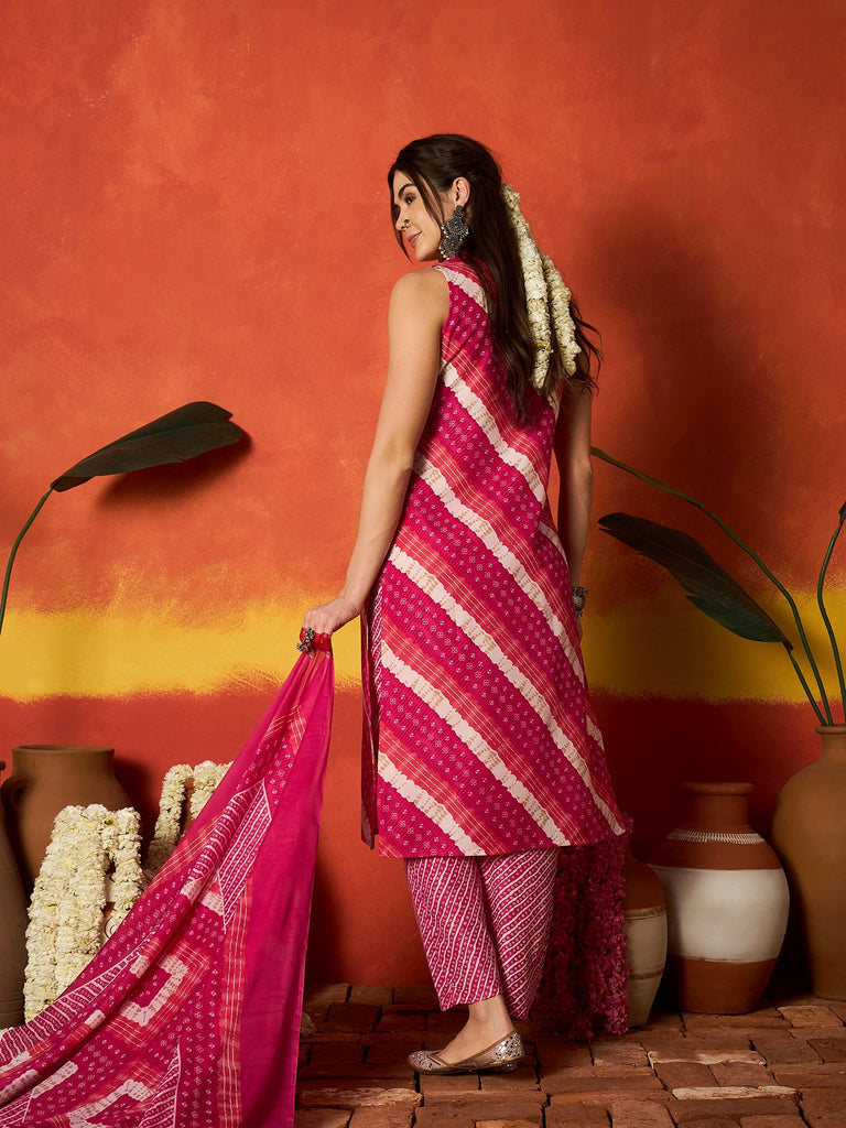 Women's Pink Leheriya Printed Cotton Straight Kurta Pant Dupatta Set