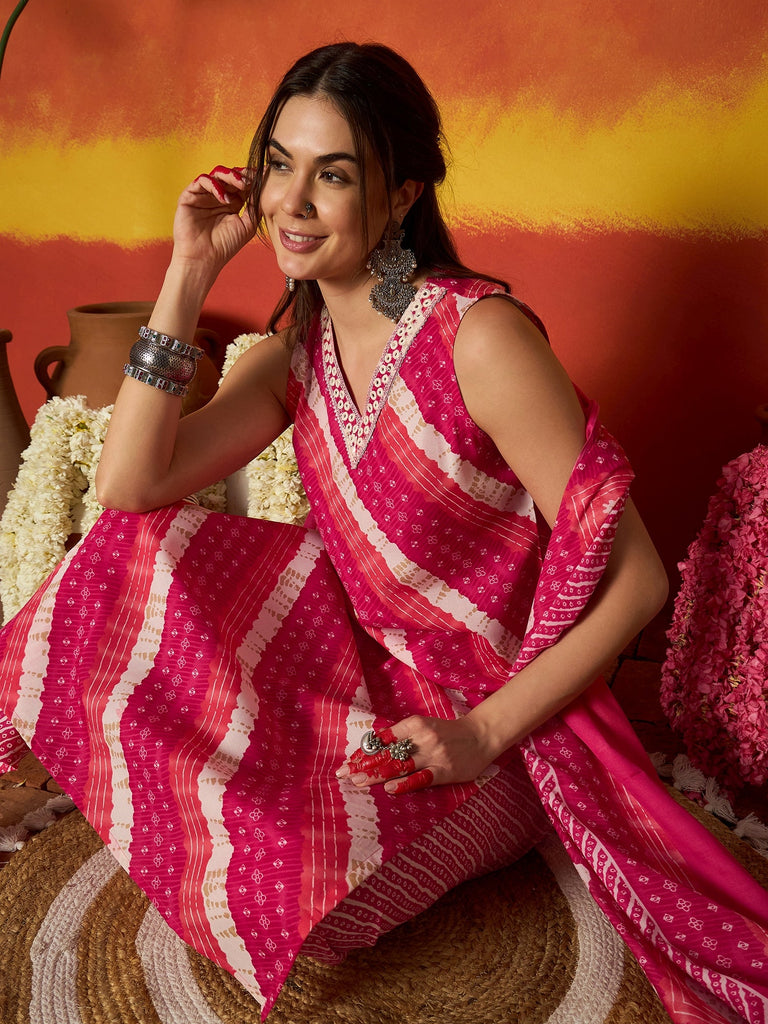 Women's Pink Leheriya Printed Cotton Straight Kurta Pant Dupatta Set