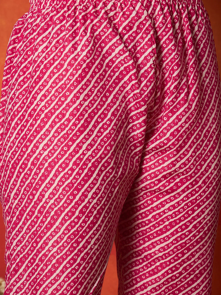 Women's Pink Leheriya Printed Cotton Straight Kurta Pant Dupatta Set
