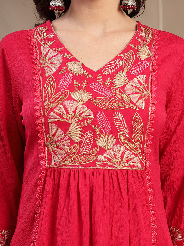Women's Pink Solid & Embroidered Crepe A-Line Kurta Palazzo Dupatta Set