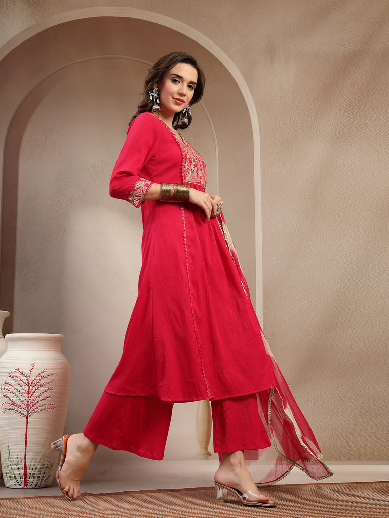 Women's Pink Solid & Embroidered Crepe A-Line Kurta Palazzo Dupatta Set