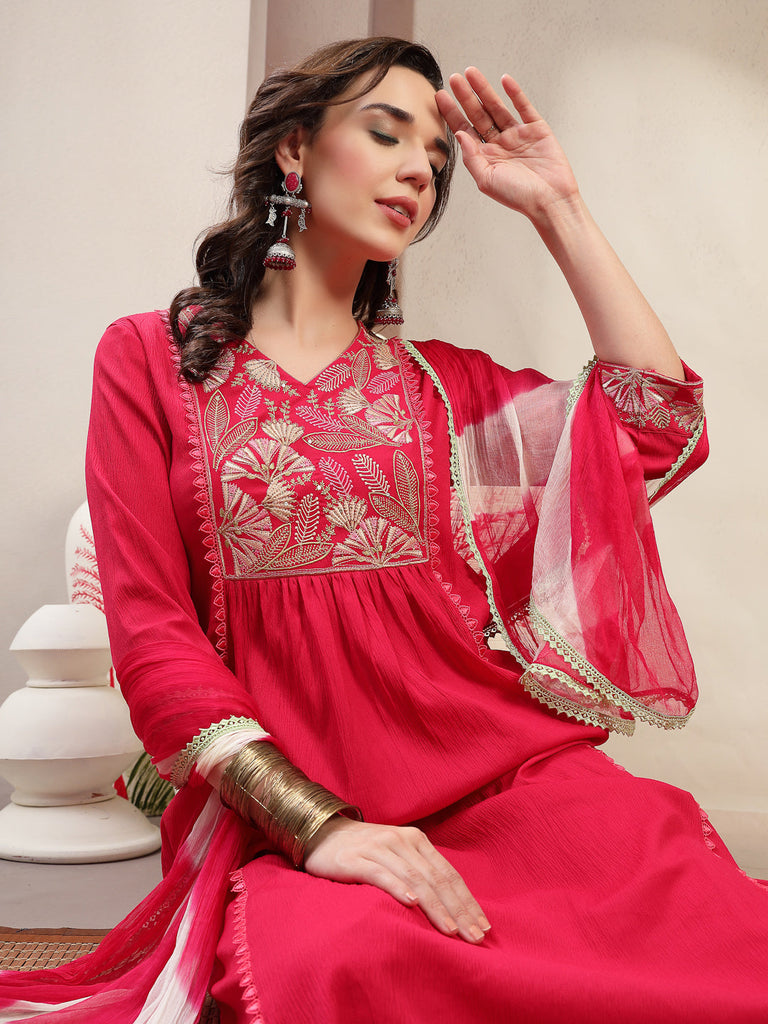 Women's Pink Solid & Embroidered Crepe A-Line Kurta Palazzo Dupatta Set