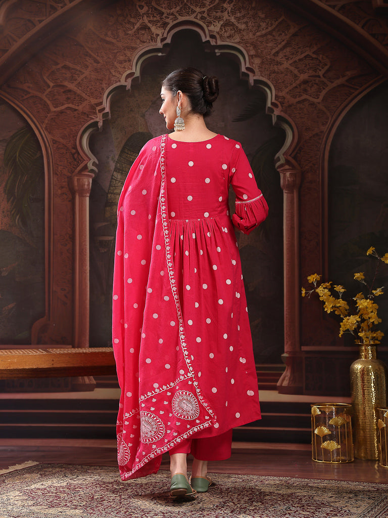 Women's Pink Printed & Embroidered Cotton Flared Kurta Palazzo Dupatta Set