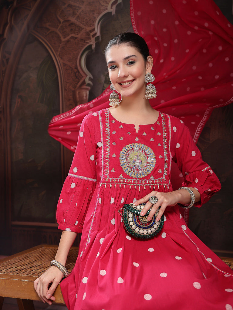 Women's Pink Printed & Embroidered Cotton Flared Kurta Palazzo Dupatta Set