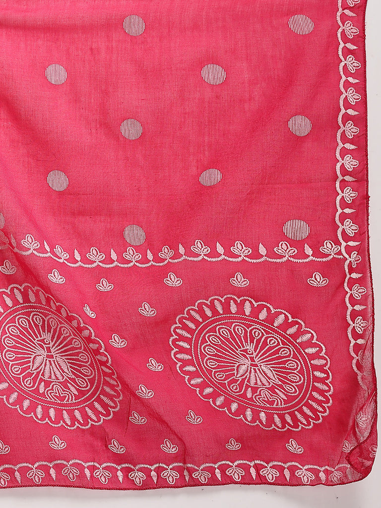 Women's Pink Printed & Embroidered Cotton Flared Kurta Palazzo Dupatta Set