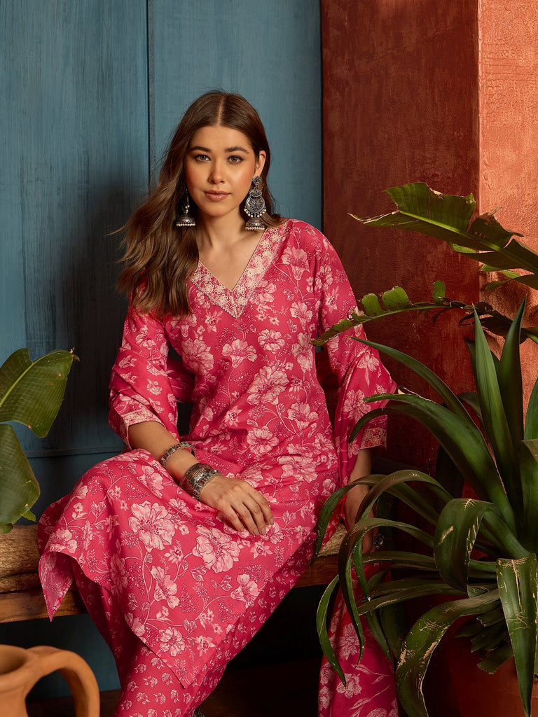 Women's Pink Floral Printed Cotton Straight Kurta Pant Dupatta Set
