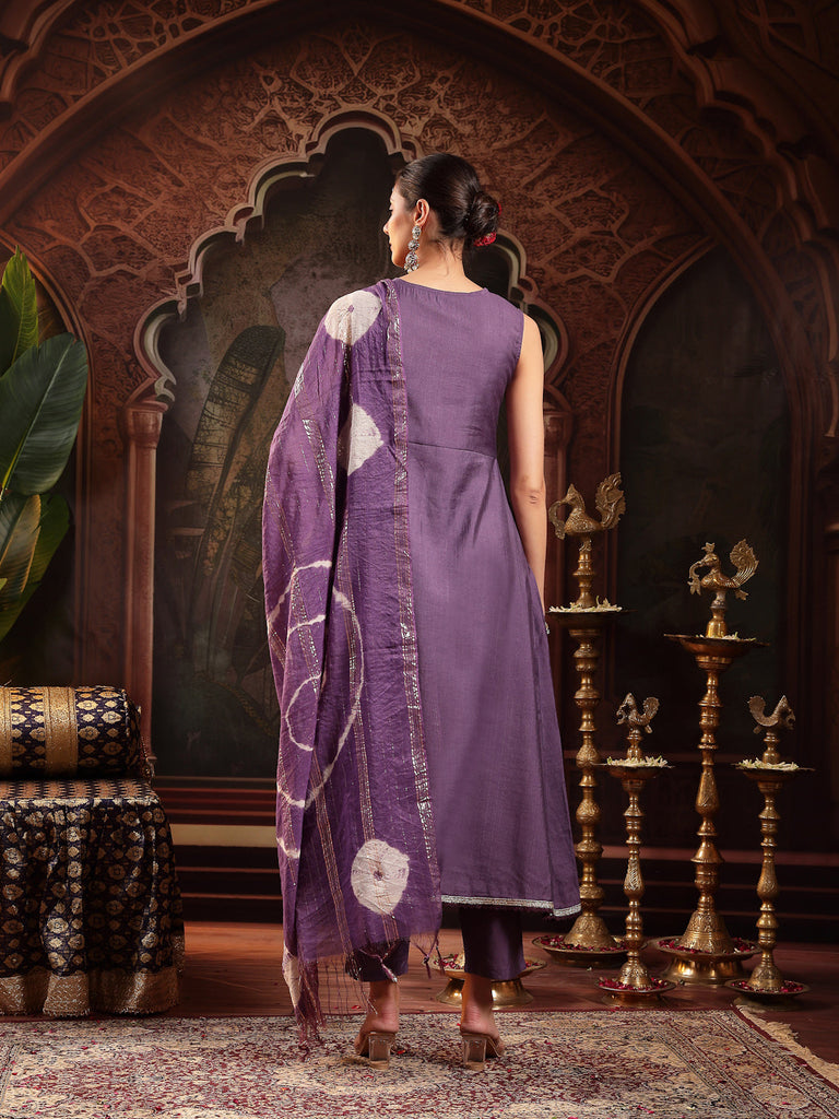 Women's Purple Solid & Embroidered Silk Blend A-Line Kurta Pant Dupatta Set