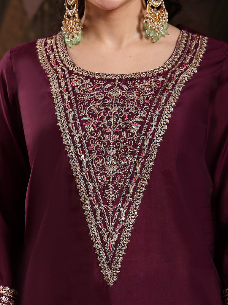Women's Purple Solid & Embroidered Silk Blend Straight Kurta Pant Dupatta Set