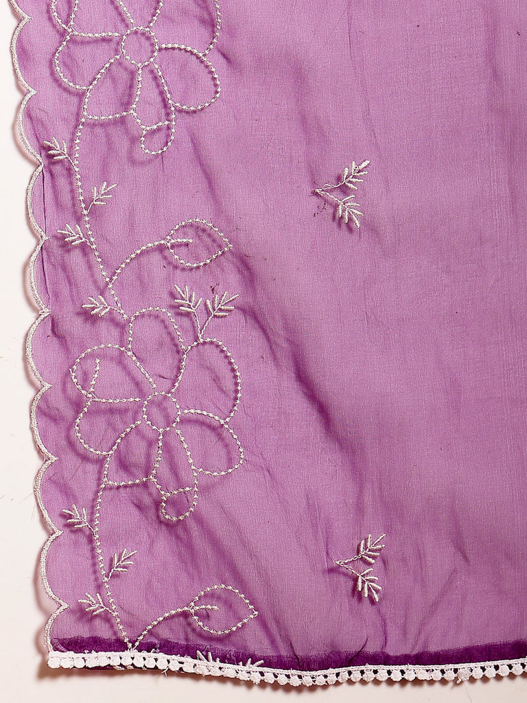 Women's Purple Solid & Embroidered Organza Straight Kurta Pant Dupatta Set