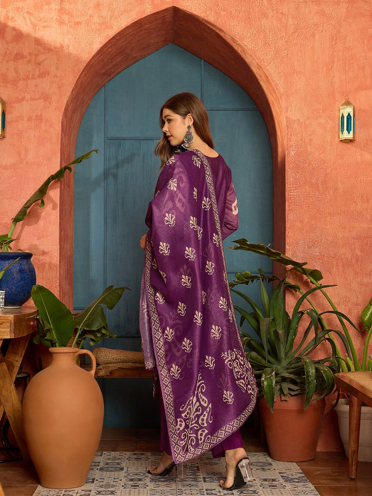 Women's Purple Ikkat Printed Chanderi Straight Kurta Pant Dupatta Set