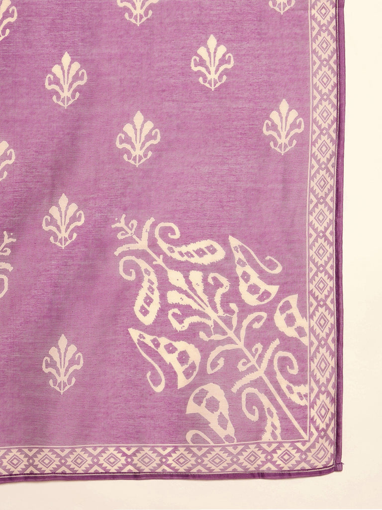 Women's Purple Ikkat Printed Chanderi Straight Kurta Pant Dupatta Set