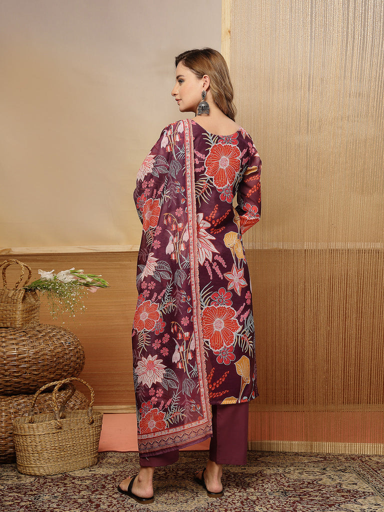 Women's Purple Floral Printed Chanderi Silk Straight Kurta Pant Dupatta Set