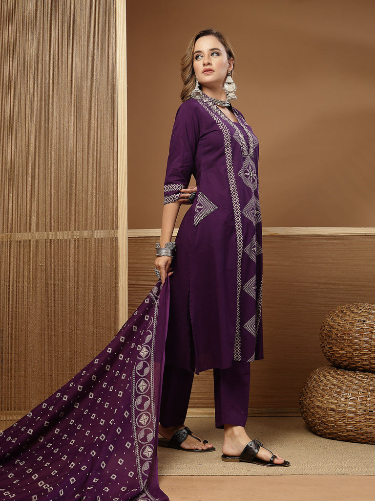 Women's Purple Bandhej Printed Cotton Straight Kurta Pant Dupatta Set