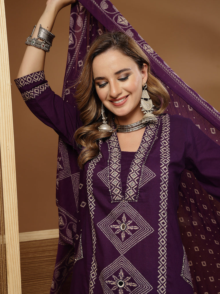 Women's Purple Bandhej Printed Cotton Straight Kurta Pant Dupatta Set