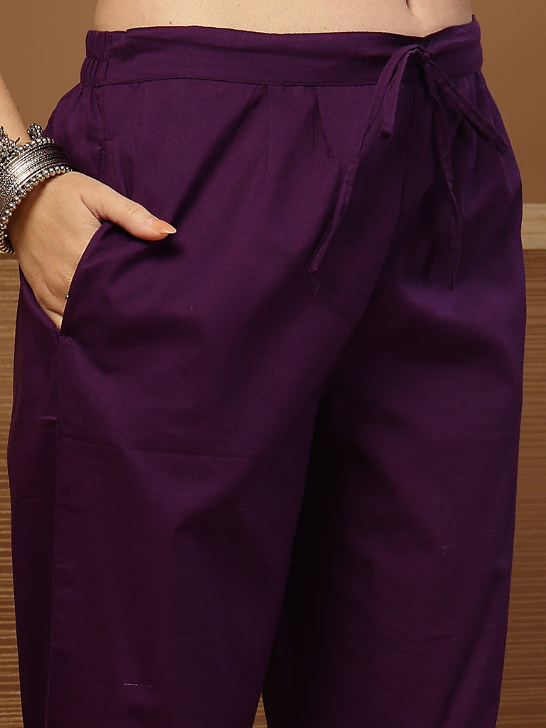 Women's Purple Bandhej Printed Cotton Straight Kurta Pant Dupatta Set