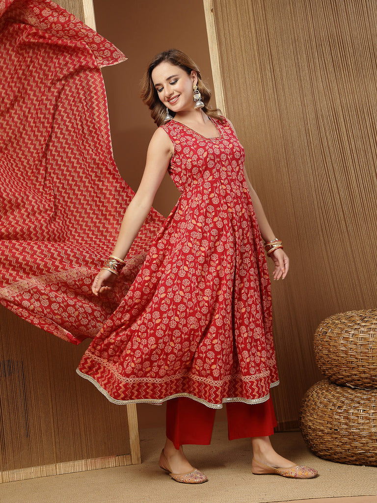 Women's Floral Printed Cotton Anarkali Kurta Palazzo Dupatta Set