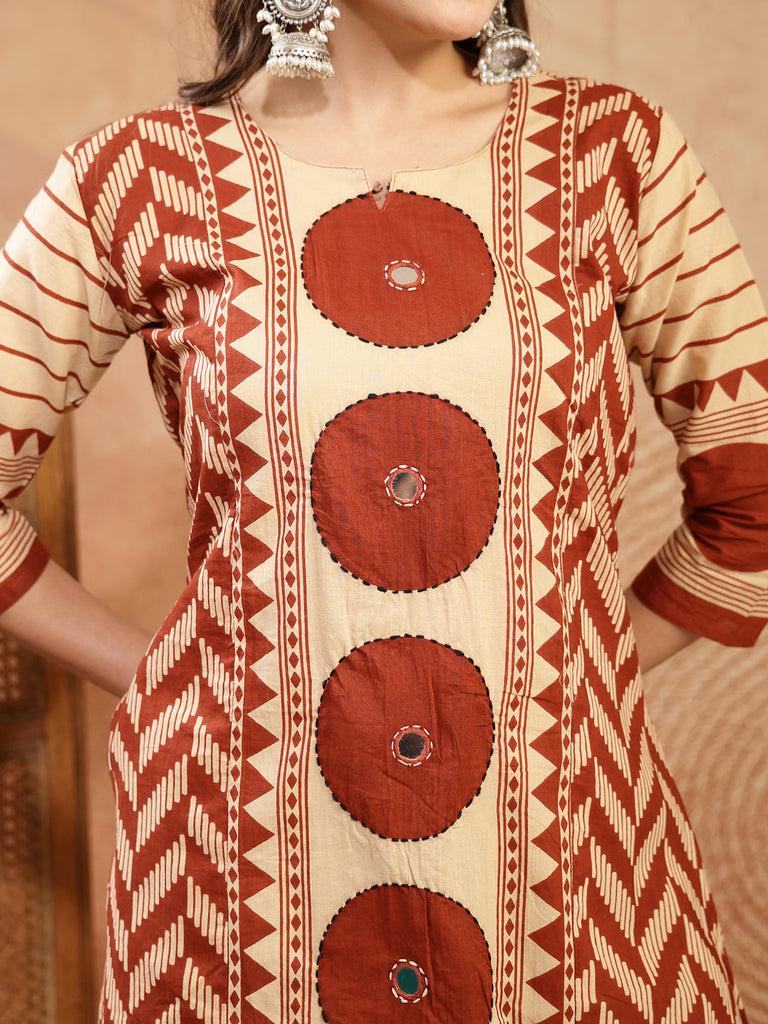 Women's Red Printed Cotton A-Line Kurta Palazzo Dupatta Set