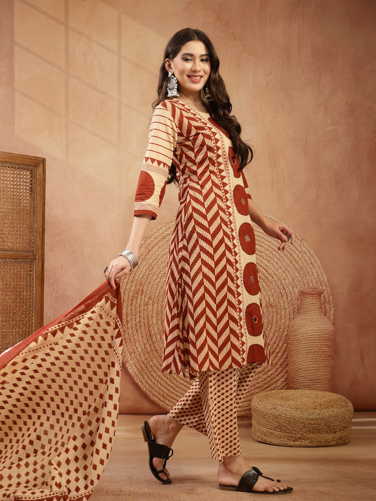 Women's Red Printed Cotton A-Line Kurta Palazzo Dupatta Set
