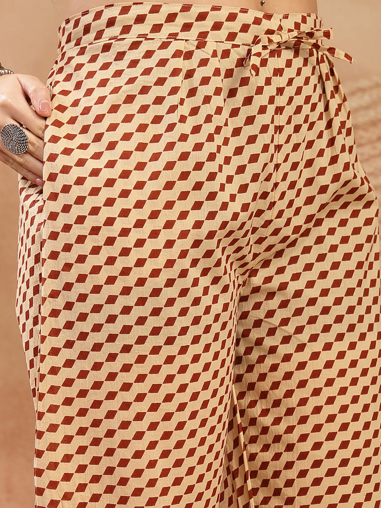 Women's Red Printed Cotton A-Line Kurta Palazzo Dupatta Set