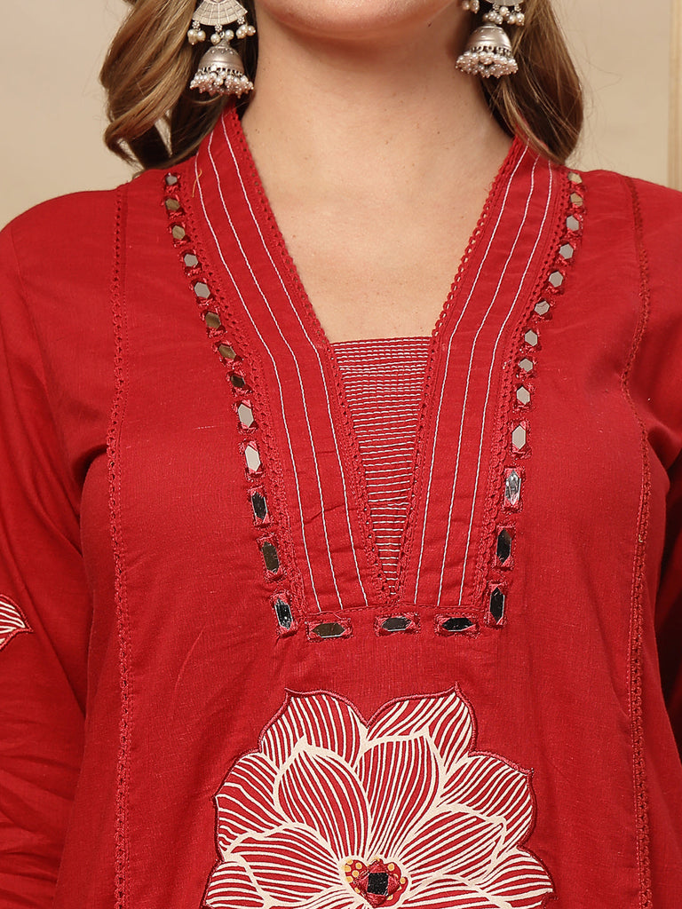 Women's Red Solid & Embroidered Cotton A-Line Kurta Pant Dupatta Set