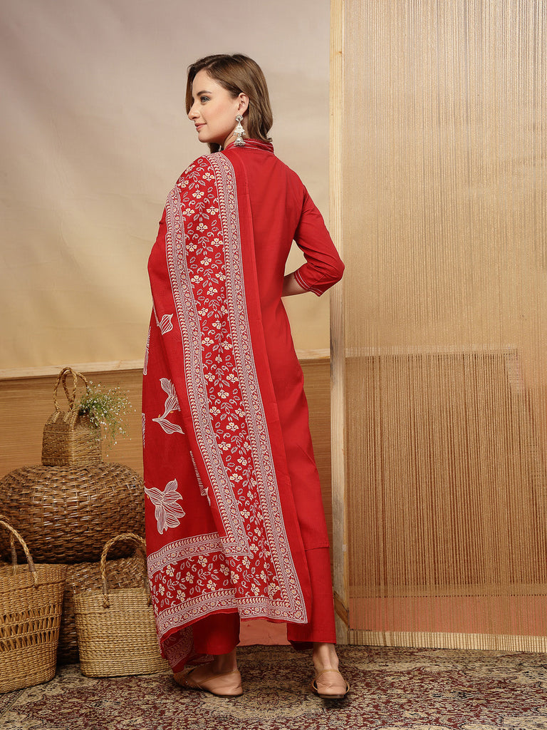 Women's Red Solid & Embroidered Cotton A-Line Kurta Pant Dupatta Set
