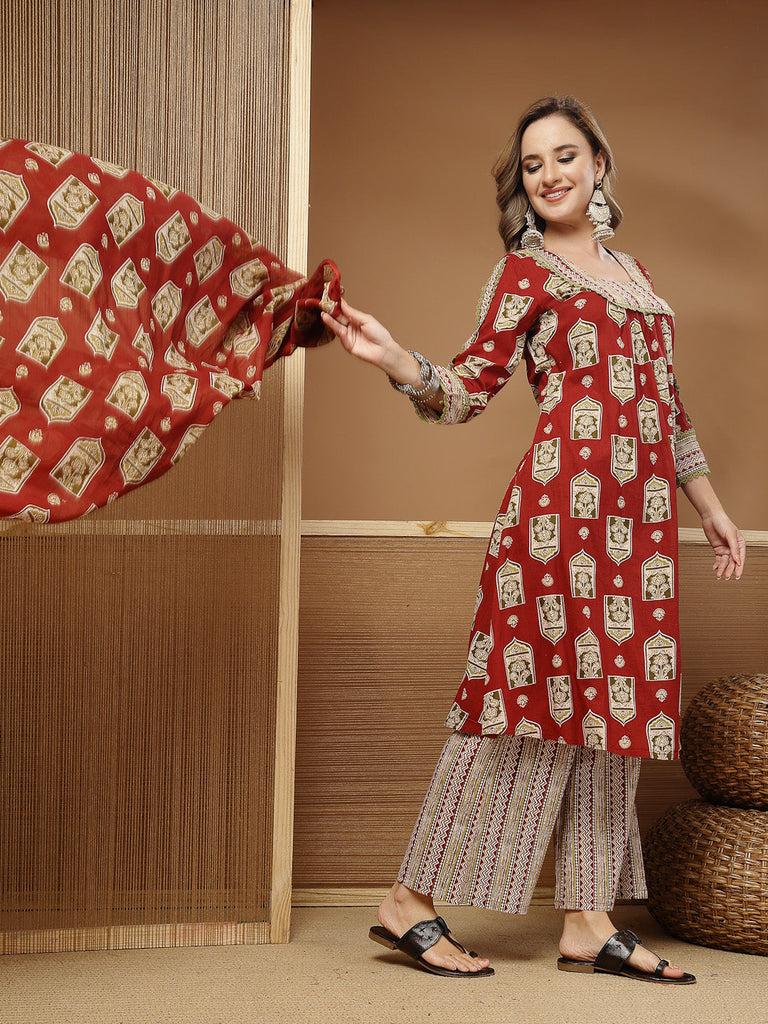 Women's Red Ajrakh Printed Cotton A-Line Kurta Palazzo Dupatta Set