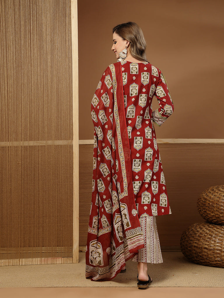Women's Red Ajrakh Printed Cotton A-Line Kurta Palazzo Dupatta Set