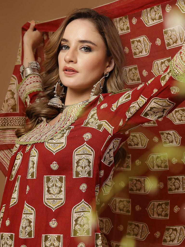 Women's Red Ajrakh Printed Cotton A-Line Kurta Palazzo Dupatta Set