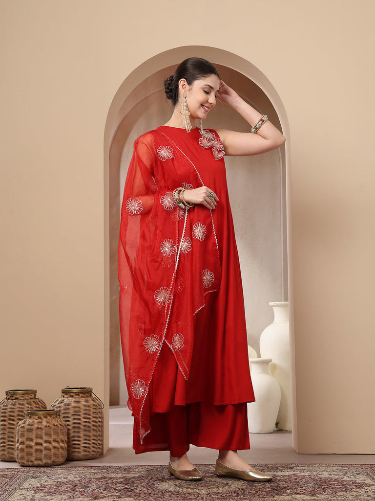 Women's Red Solid & Embellished Rayon Flared Kurta Palazzo Dupatta Set