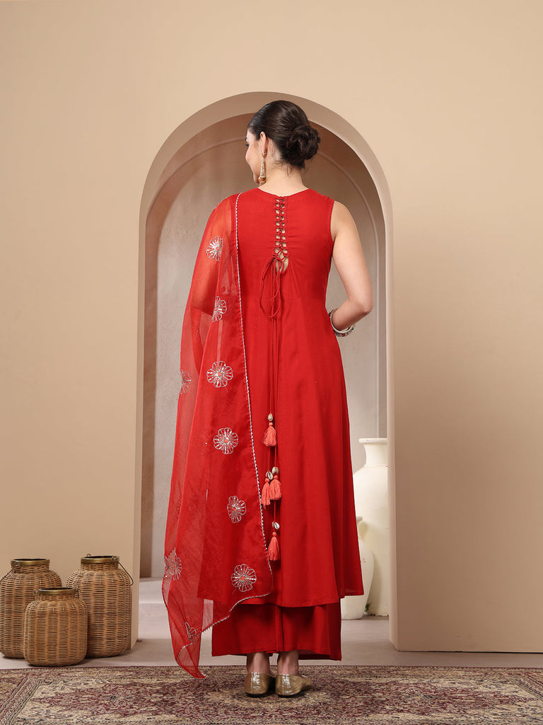 Women's Red Solid & Embellished Rayon Flared Kurta Palazzo Dupatta Set