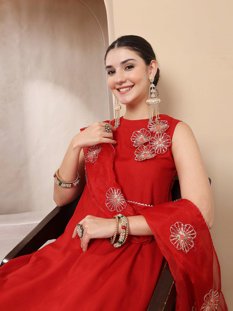 Women's Red Solid & Embellished Rayon Flared Kurta Palazzo Dupatta Set