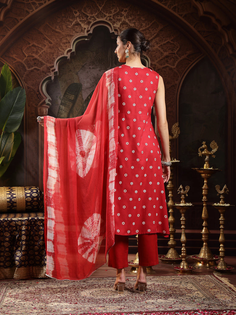 Women's Red Floral Printed & Embroidered Rayon A-Line Kurta Pant Dupatta Set