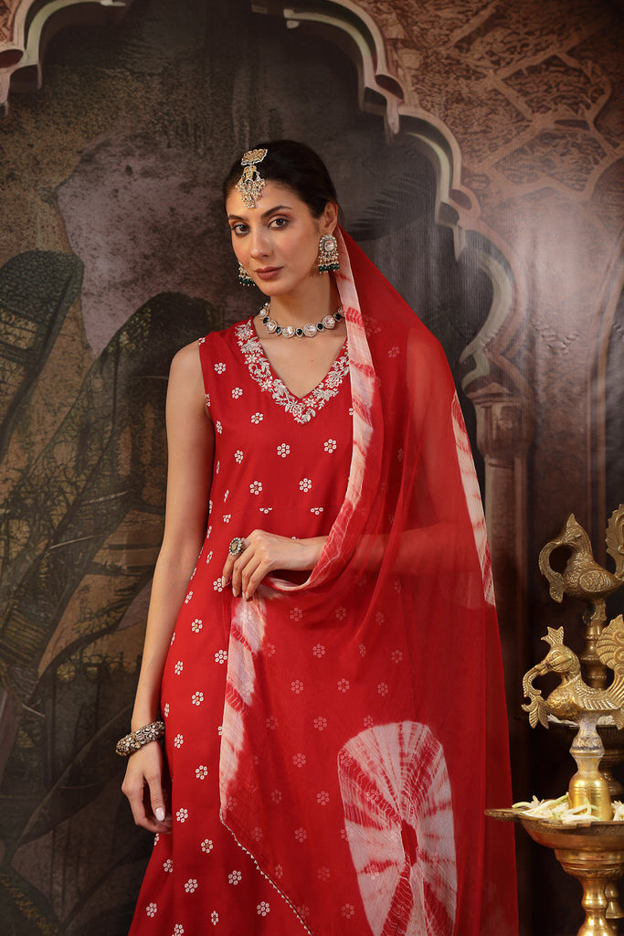 Women's Red Floral Printed & Embroidered Rayon A-Line Kurta Pant Dupatta Set