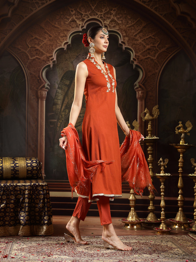 Women's Rust Solid & Embroidered Crepe A-Line Kurta Pant Dupatta Set