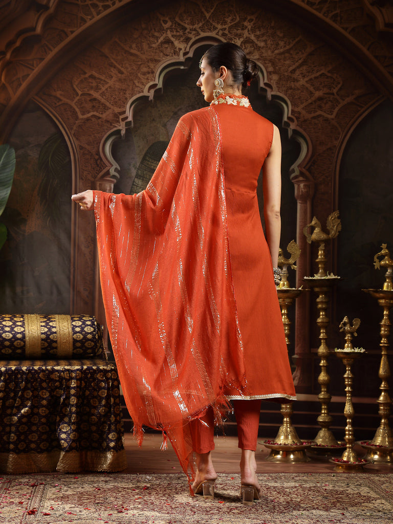 Women's Rust Solid & Embroidered Crepe A-Line Kurta Pant Dupatta Set
