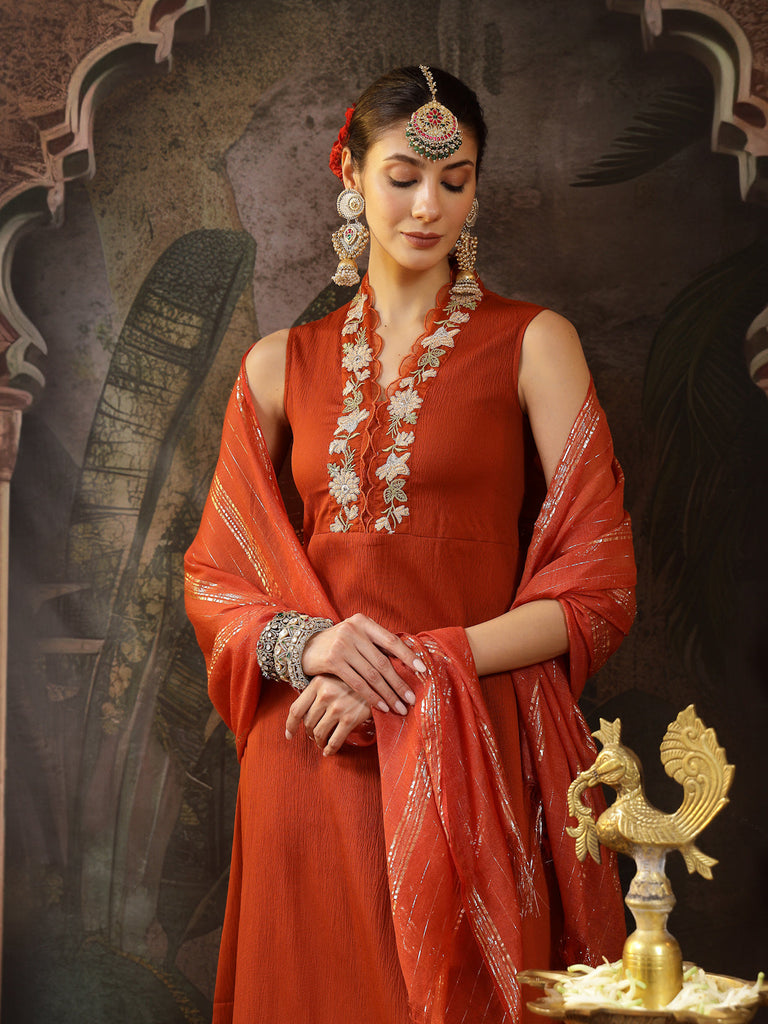Women's Rust Solid & Embroidered Crepe A-Line Kurta Pant Dupatta Set