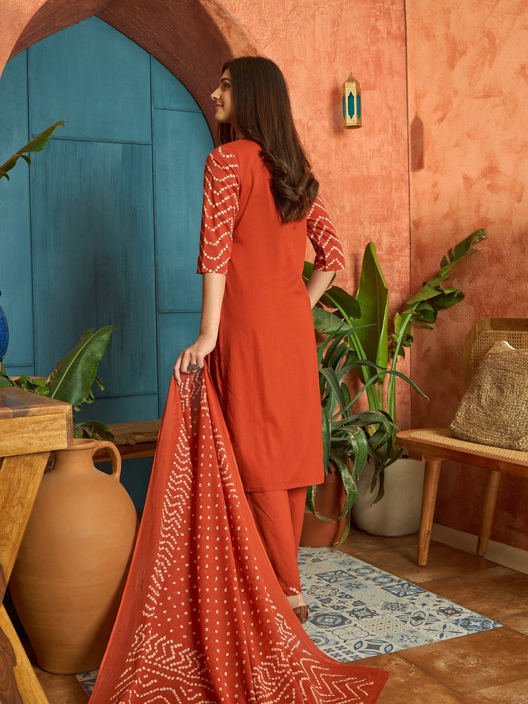 Women's Rust Bandhej Printed & Embroidered Cotton Straight Kurta Pant Dupatta Set