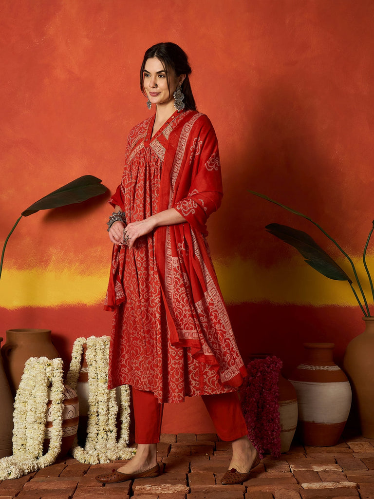 Women's Rust Printed Cotton Alia Kurta Pant Dupatta Set