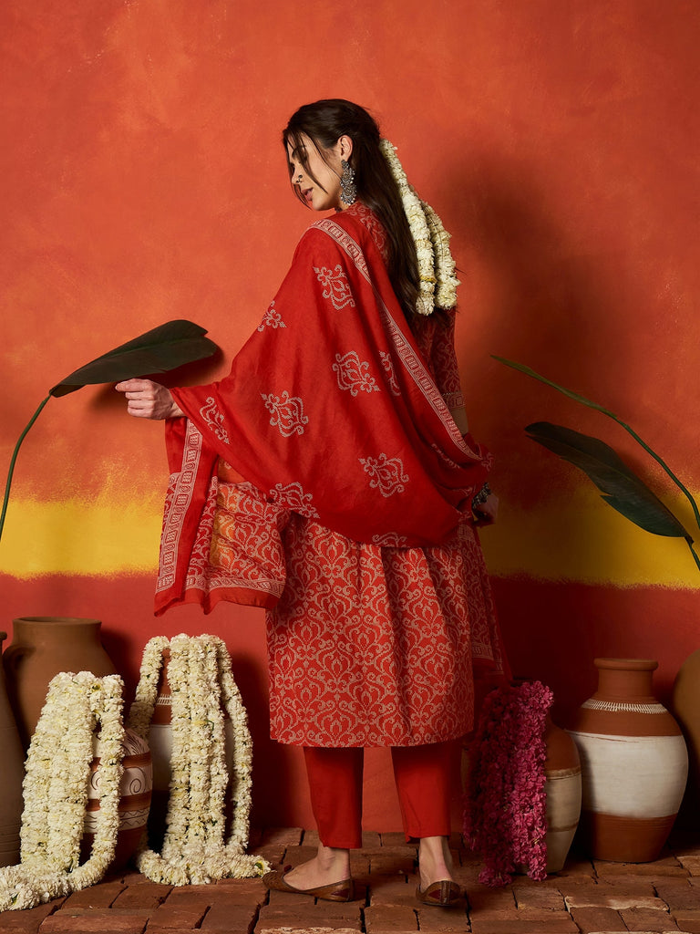Women's Rust Printed Cotton Alia Kurta Pant Dupatta Set