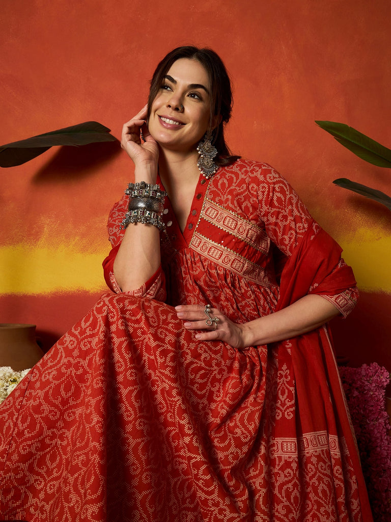 Women's Rust Printed Cotton Alia Kurta Pant Dupatta Set