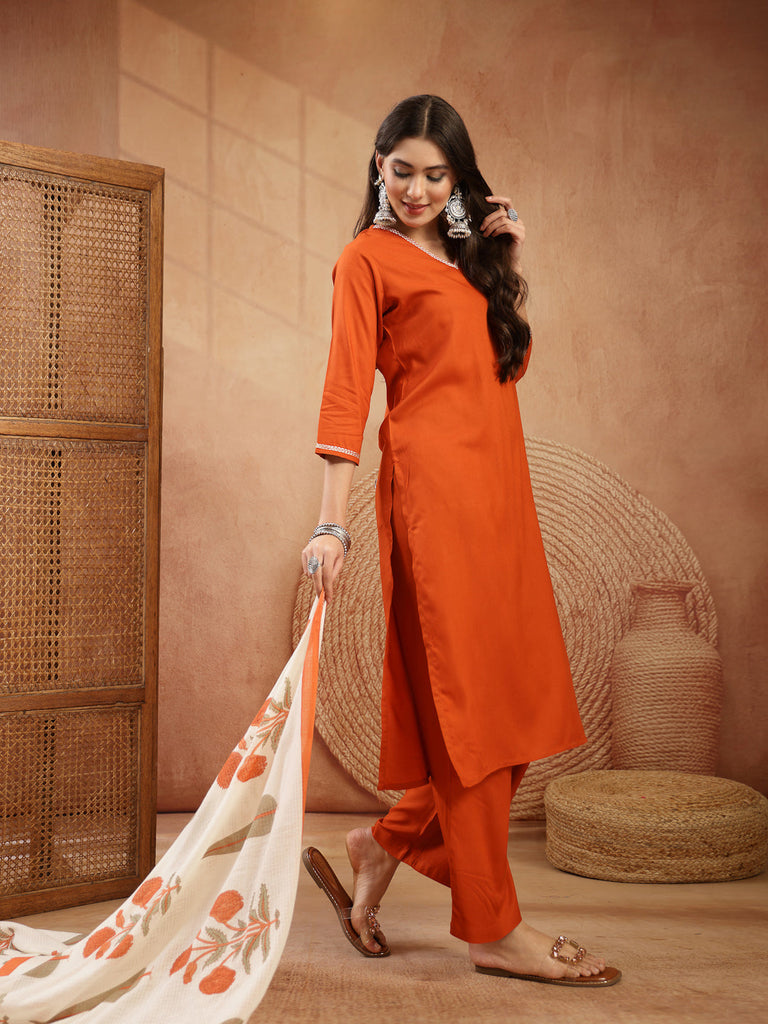 Women's Rust Solid Rayon Straight Kurta Pant Dupatta Set