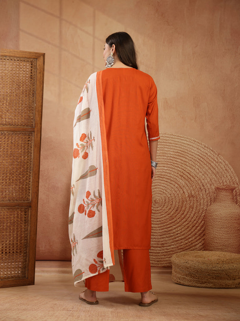 Women's Rust Solid Rayon Straight Kurta Pant Dupatta Set