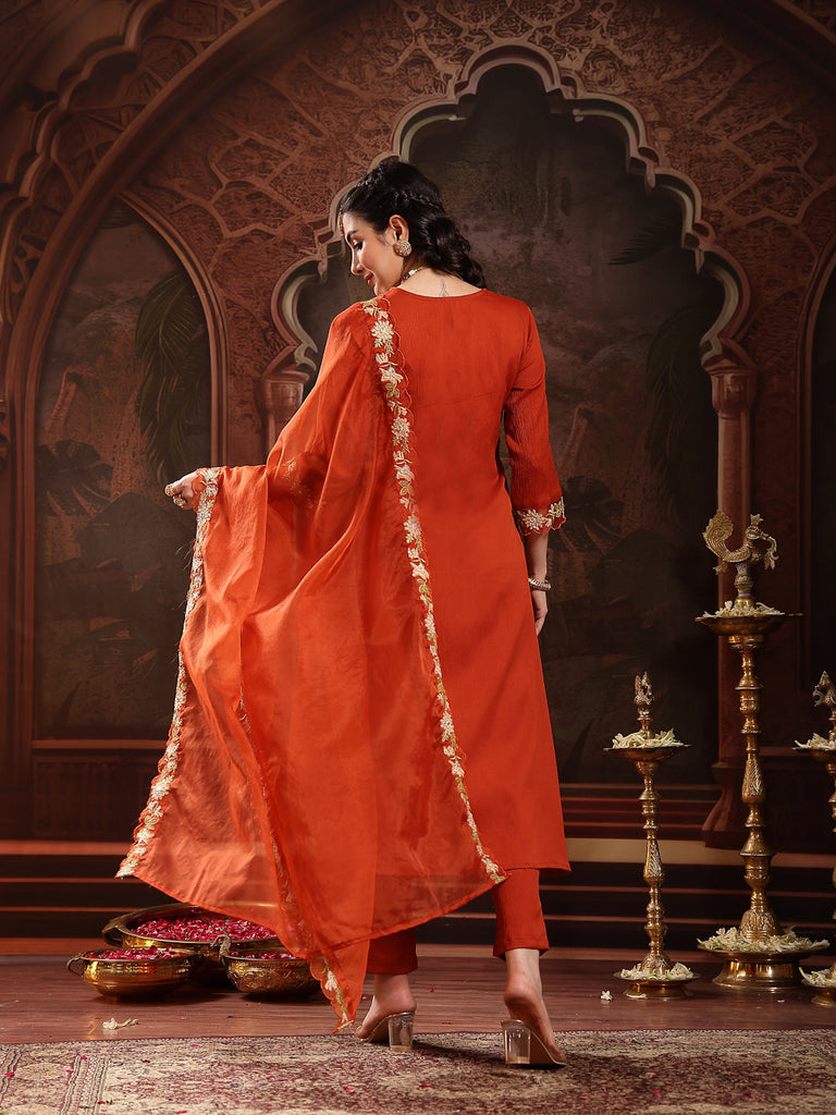 Women's Rust Solid & Embroidered Crepe A-Line Kurta Pant Dupatta Set