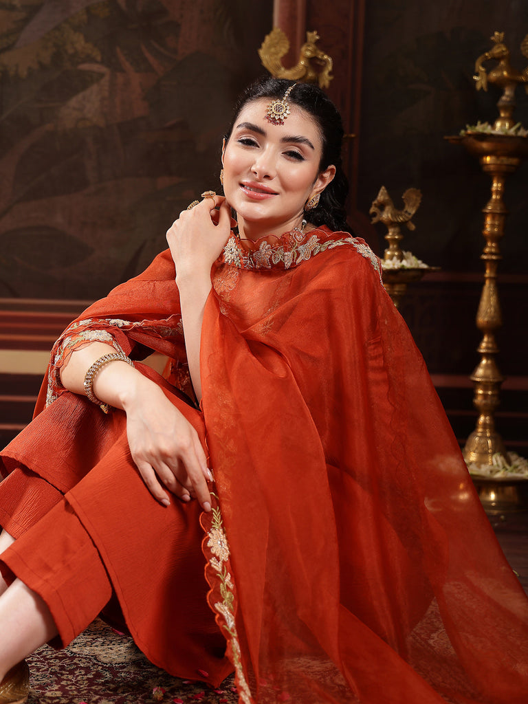 Women's Rust Solid & Embroidered Crepe A-Line Kurta Pant Dupatta Set