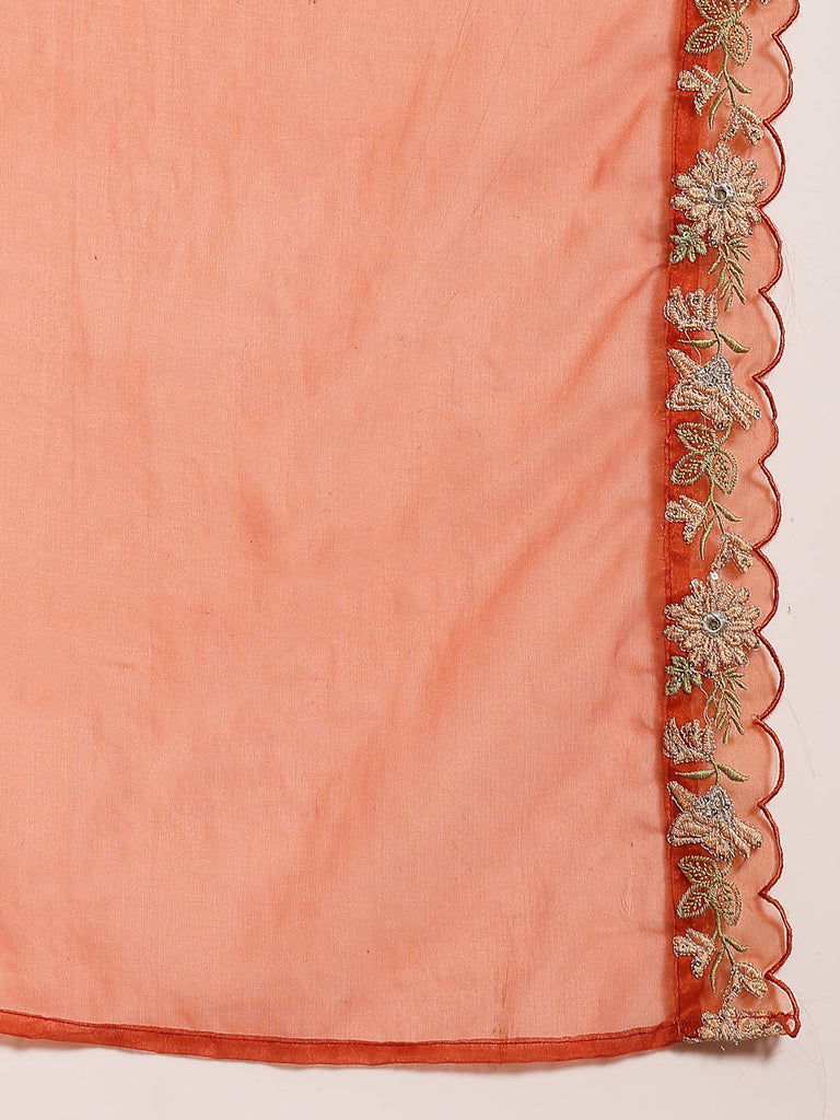 Women's Rust Solid & Embroidered Crepe A-Line Kurta Pant Dupatta Set
