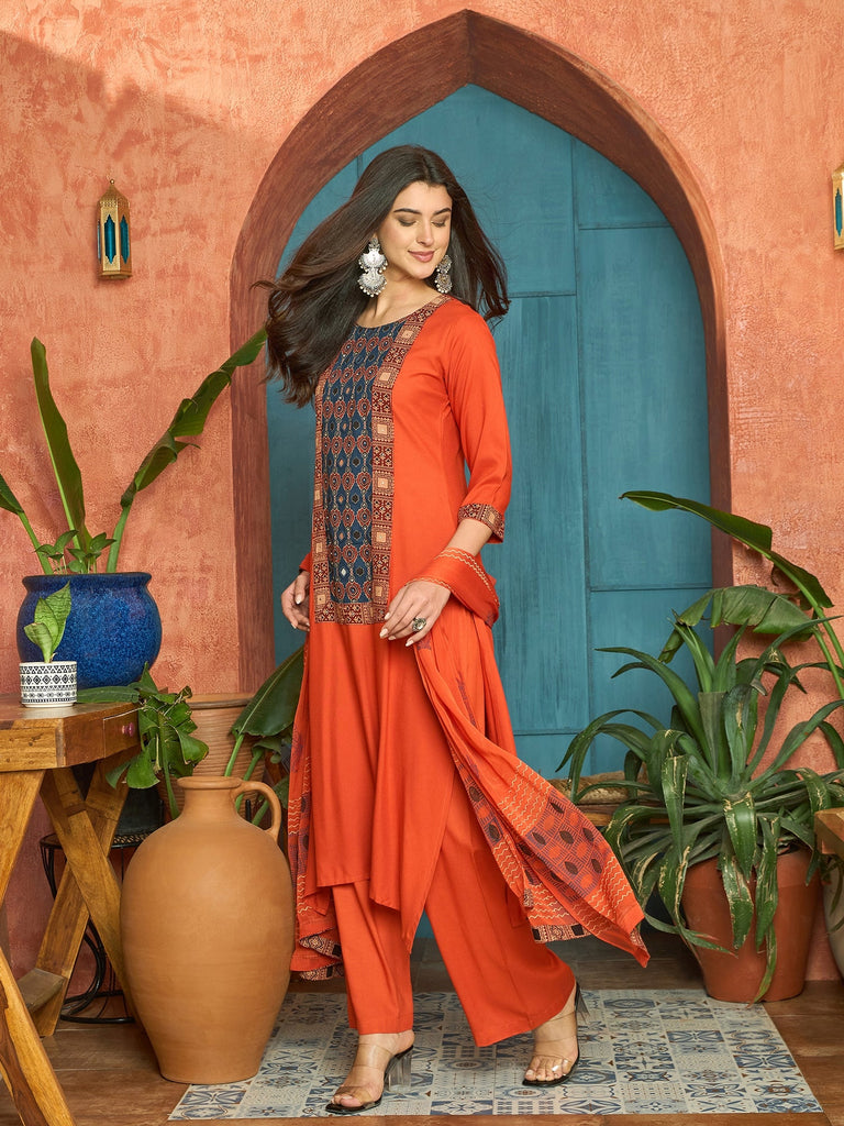 Women's Rust Solid Rayon A-Line Kurta Palazzo Dupatta Set