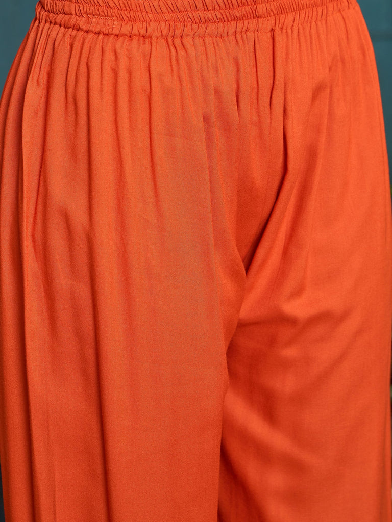 Women's Rust Solid Rayon A-Line Kurta Palazzo Dupatta Set