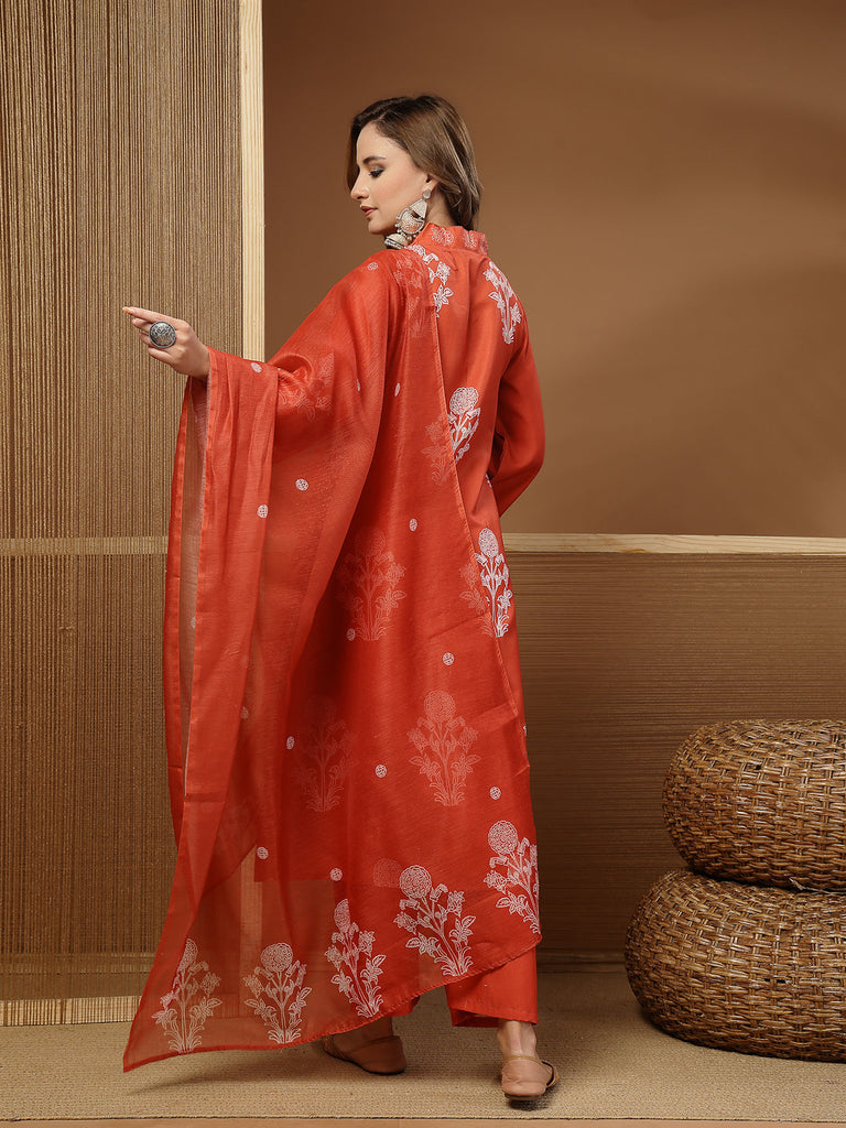 Women's Rust Floral Printed Rayon A-Line Kurta Pant Dupatta Set
